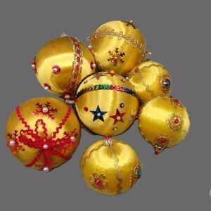 7 Gold Push Pin Christmas Ornaments, Satin Beaded Sequins, Vintage Handmade